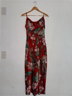 Floral Red Maxi Slip Dress with Tropical Print